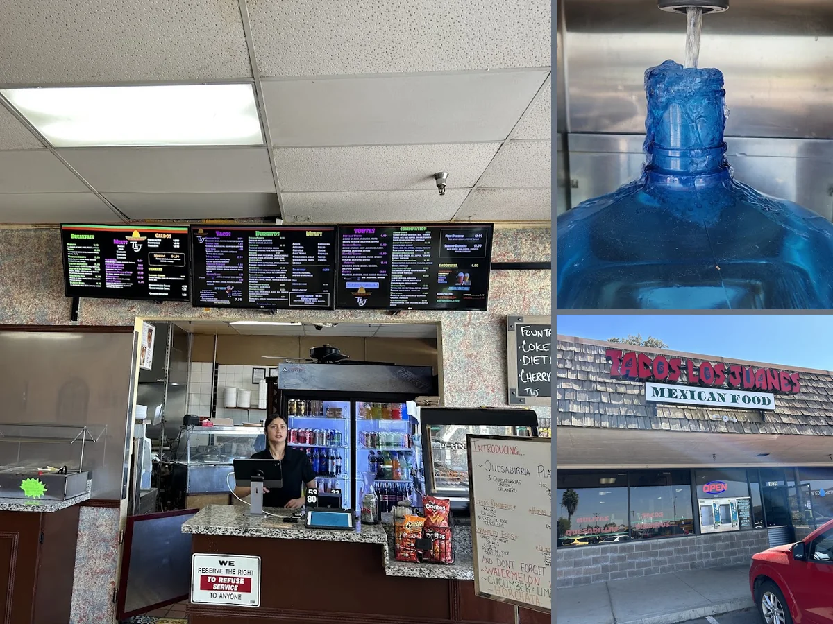 A busy taqueria counter with quick lunch orders.