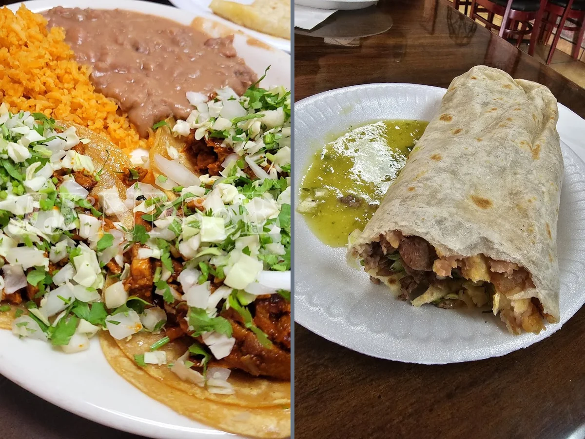 Colorful plates of tacos and burritos on a table.