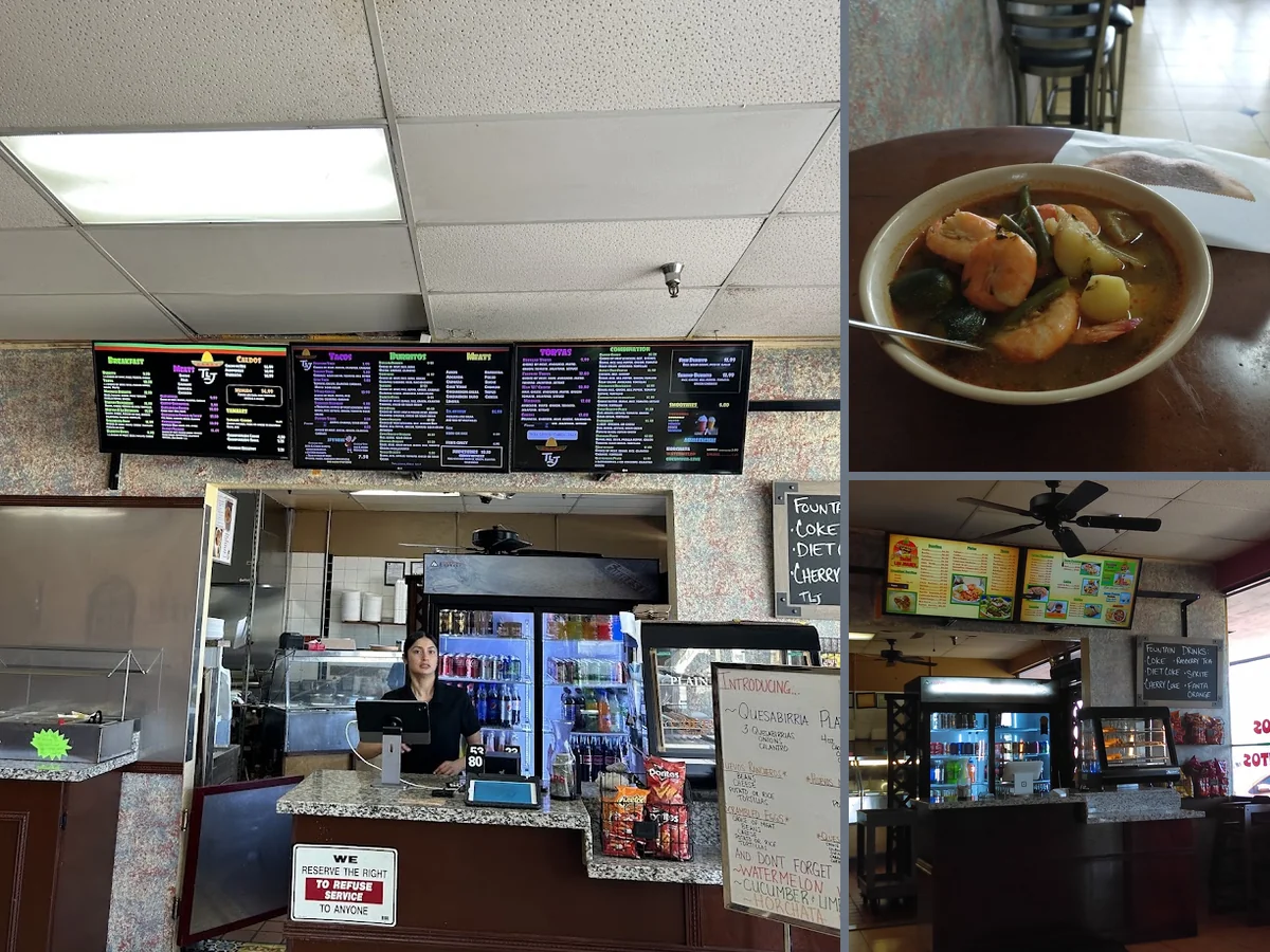 A busy taqueria counter with quick lunch orders.